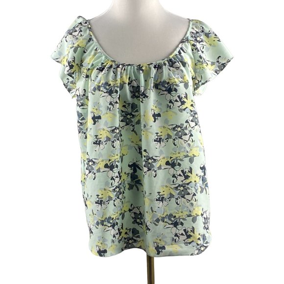Banana Republic Blouse Women M Petite Floral Flutter Sleeve Green Scoop Neck Top - Picture 1 of 9